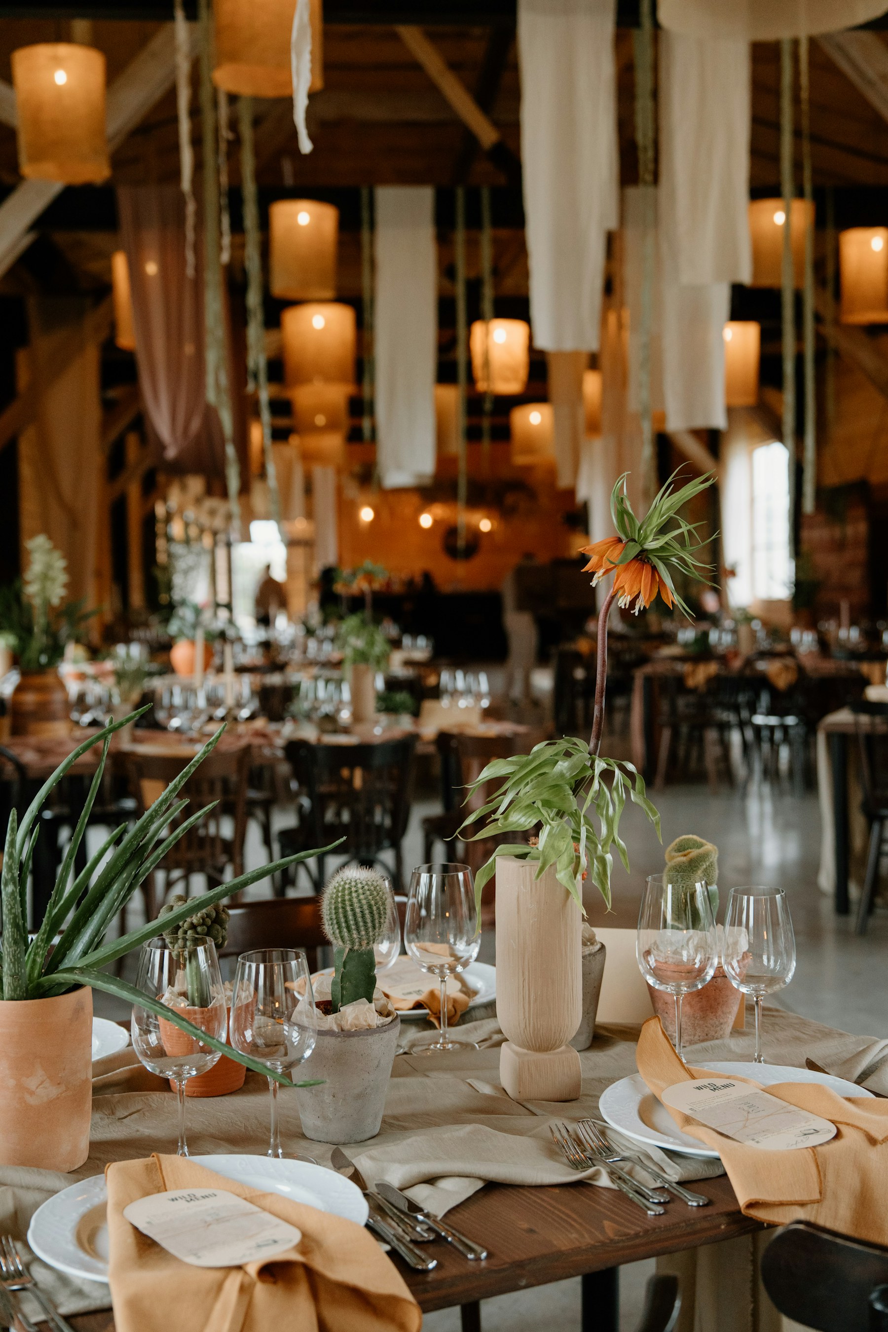 Elegant private celebration setting with hanging lights and lush greenery